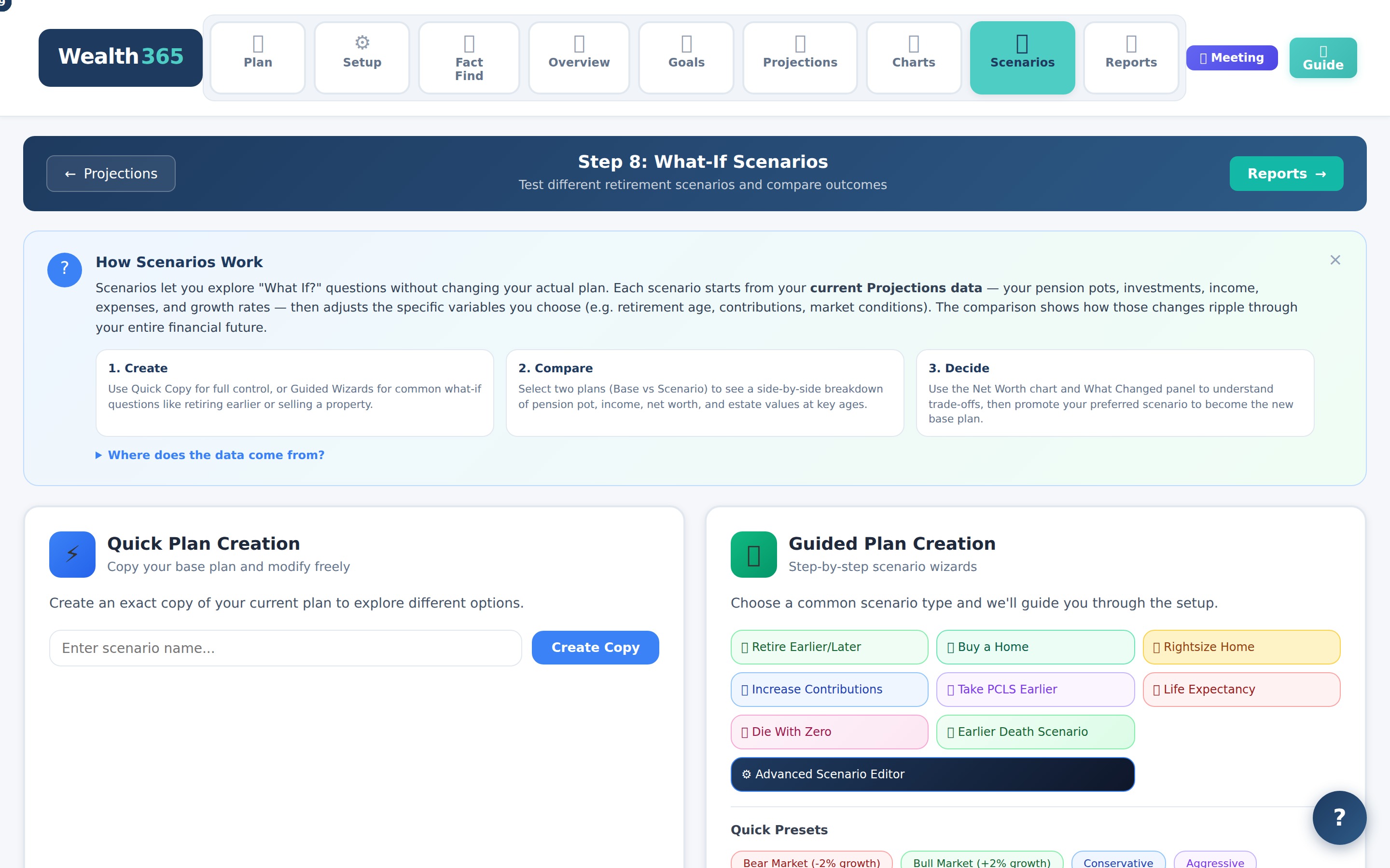 What-If Scenarios with guided wizards and side-by-side comparison