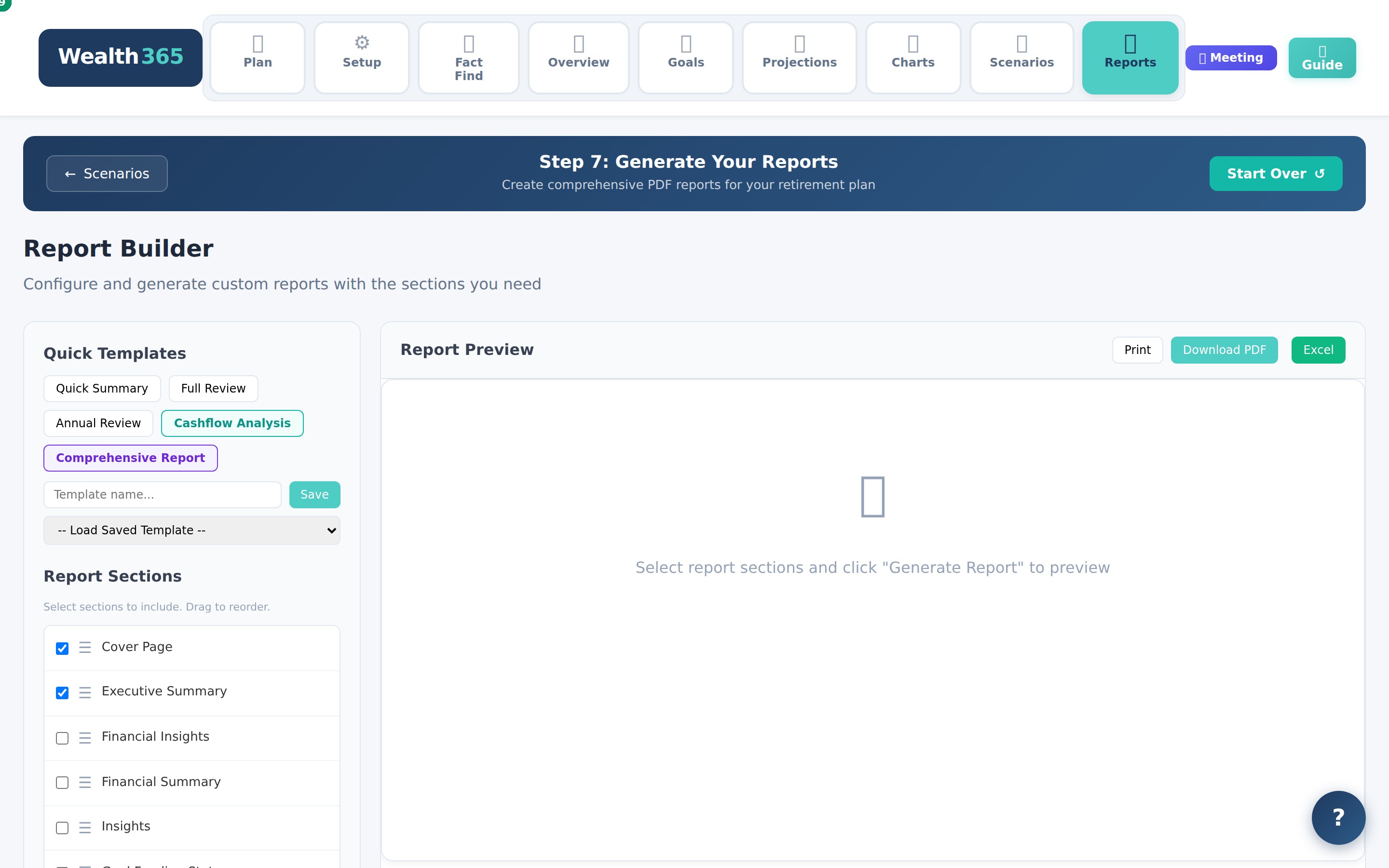 Report Builder with configurable sections and PDF export