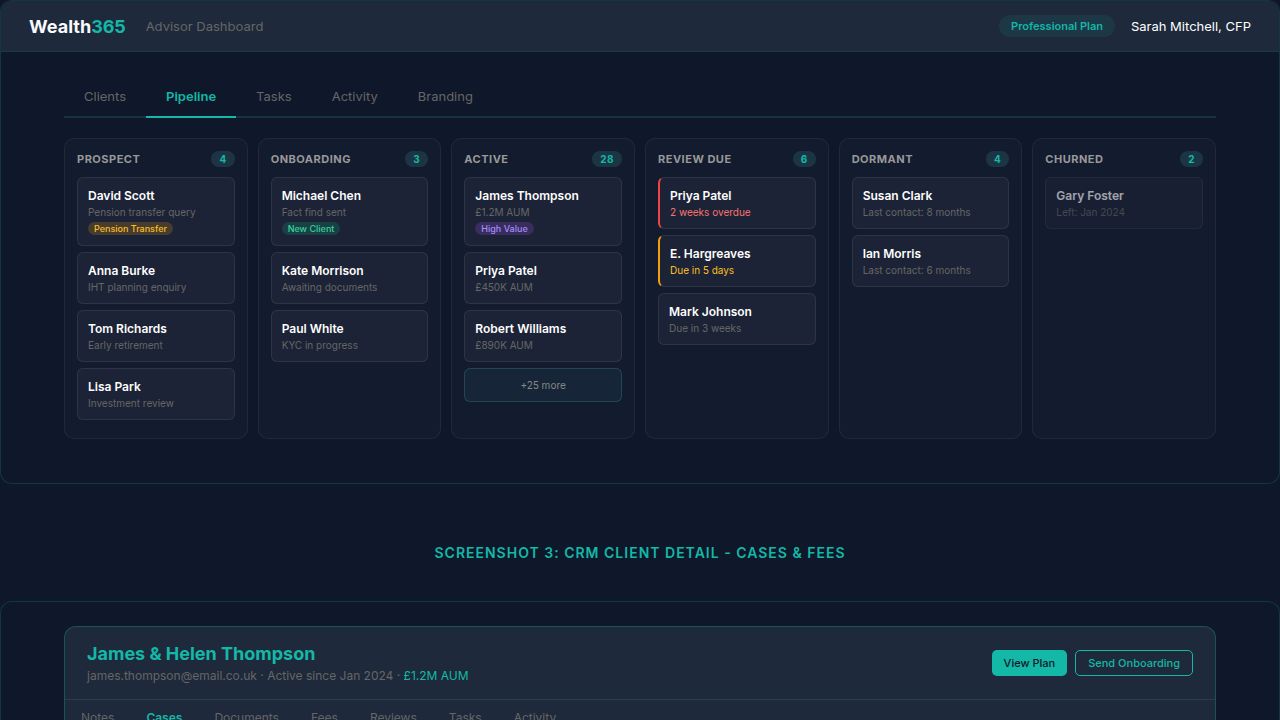 Client Pipeline Board with drag-and-drop stages from Prospect to Active to Review Due