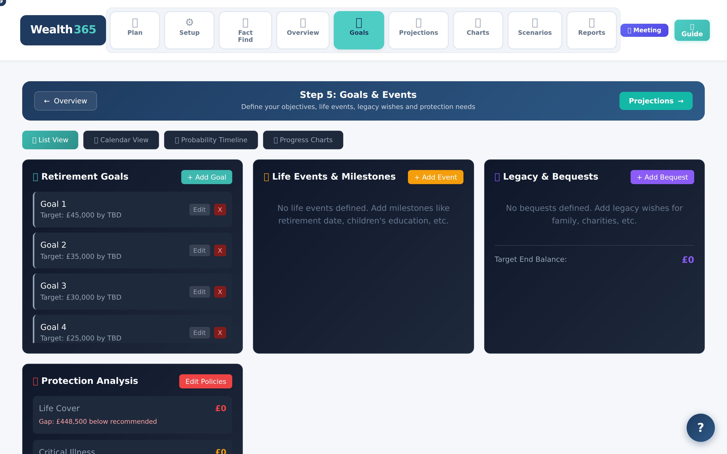 Goals section showing retirement targets and life event planning