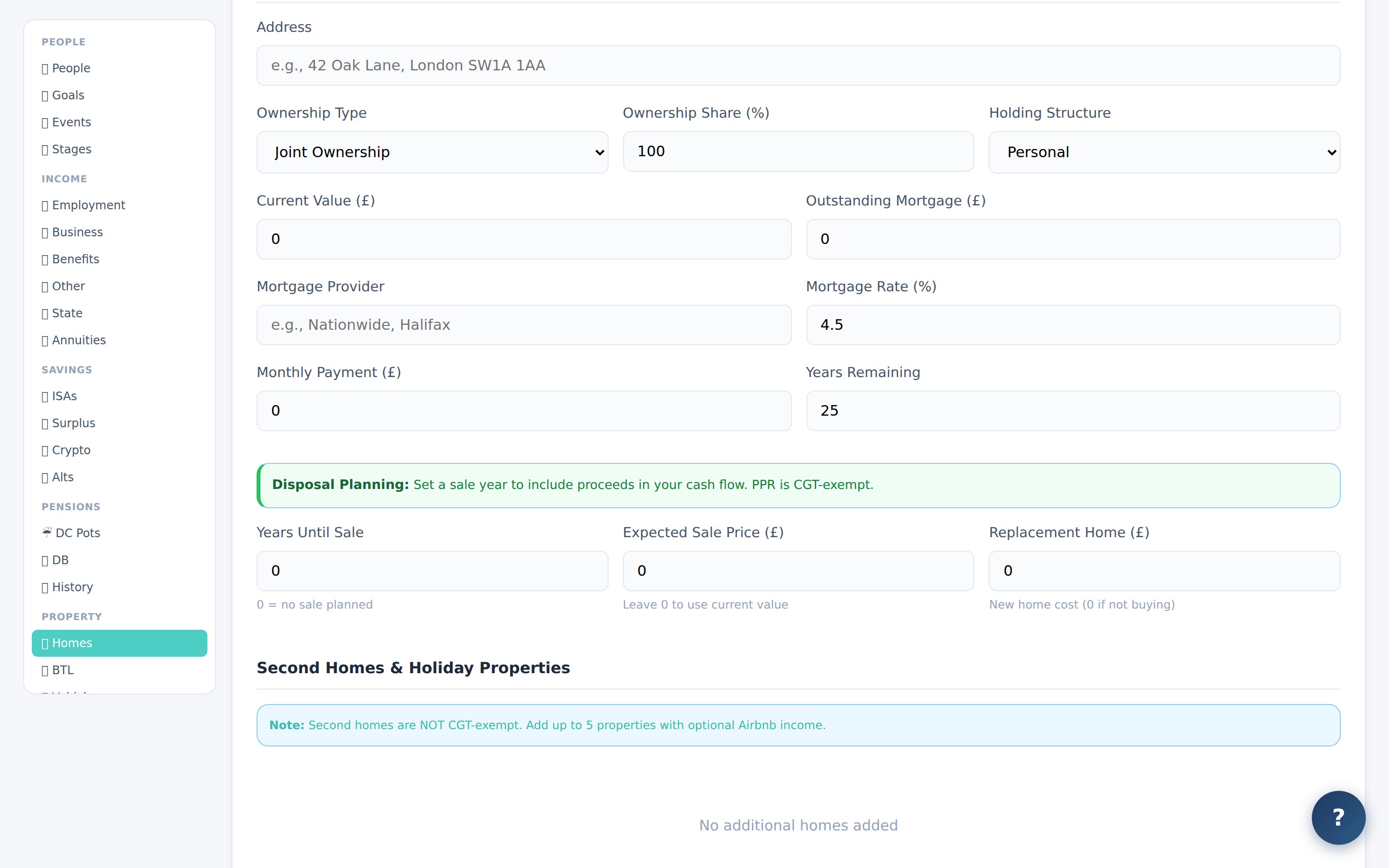 Property section showing home address, ownership type, mortgage details, and disposal planning