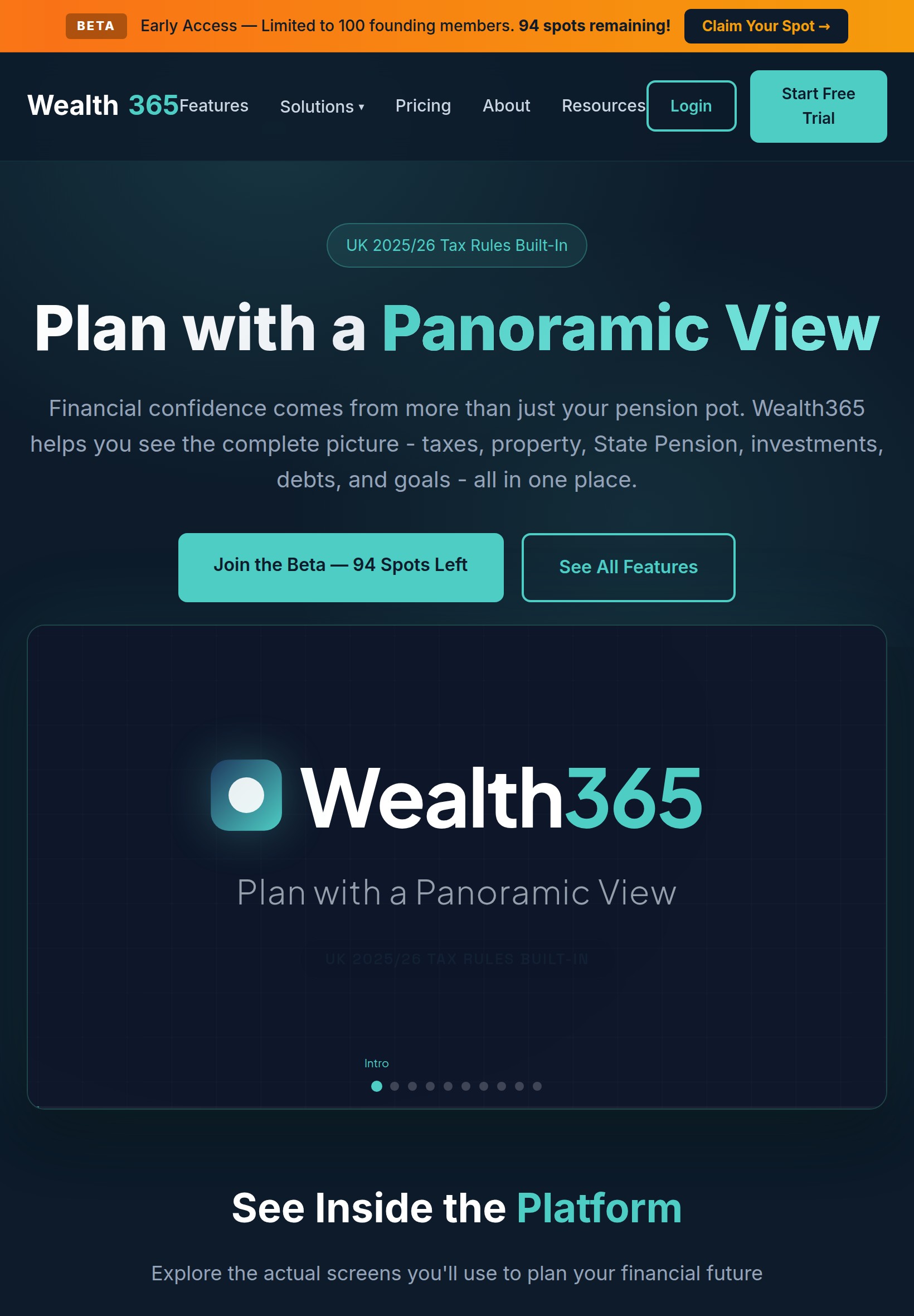 Wealth365 on iPad showing the full homepage experience