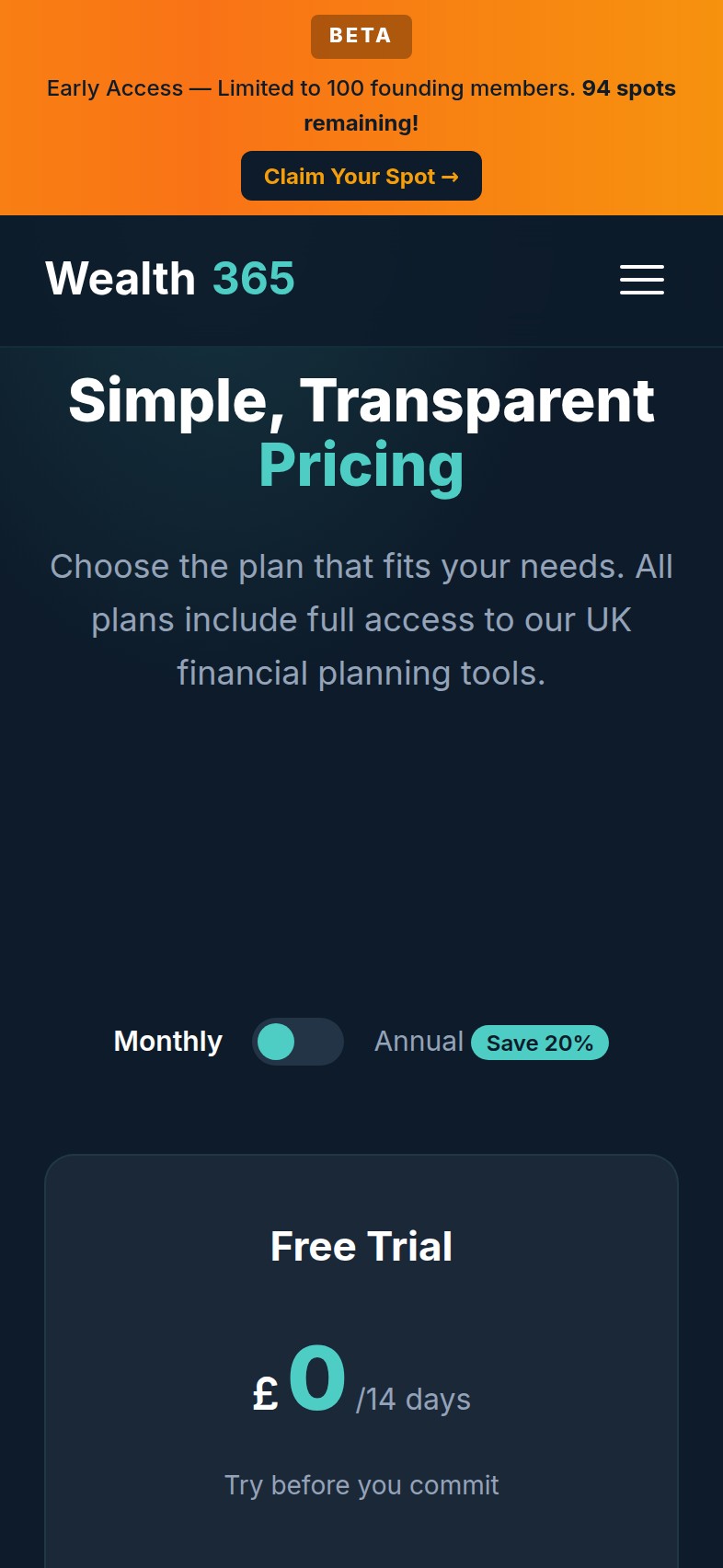 Wealth365 pricing page on mobile