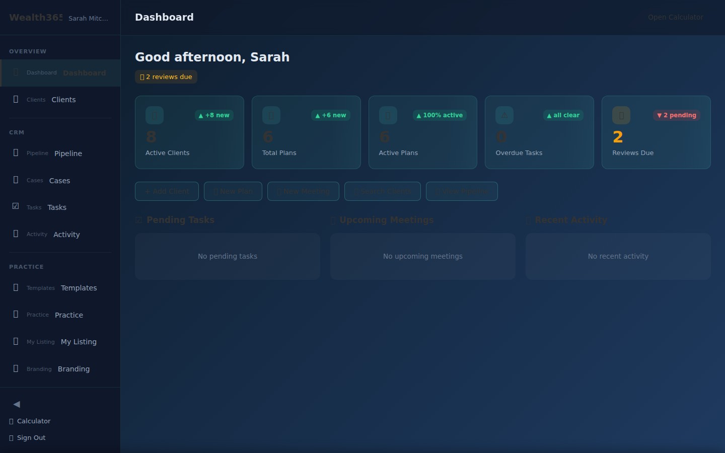 Modelled Wealth365 advisor dashboard — Network AR Scenario