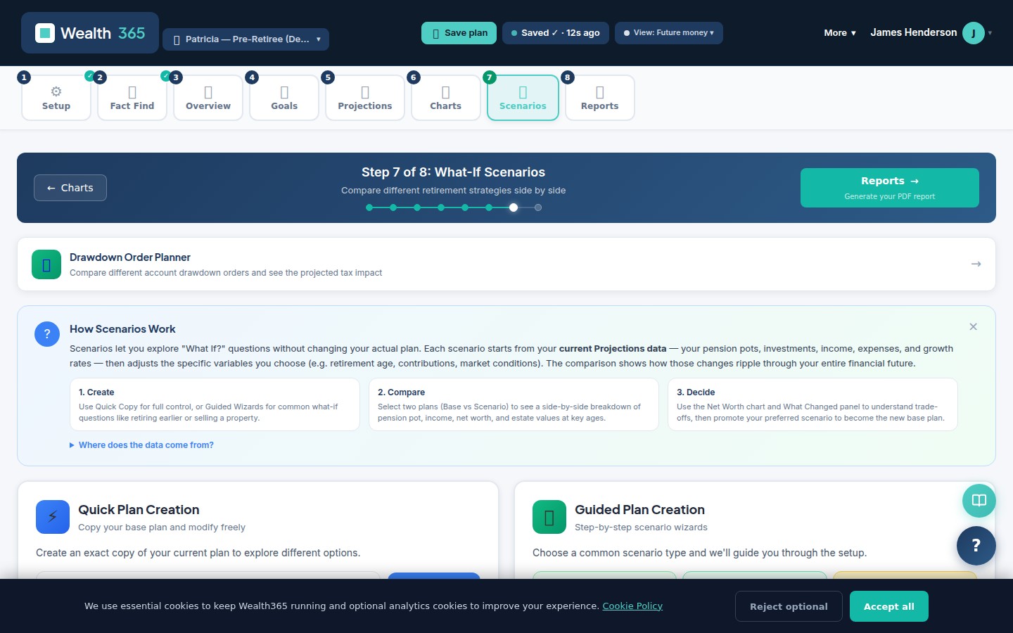 Deepak's director tax scenario comparison — What-If Scenarios with guided wizards and side-by-side comparison