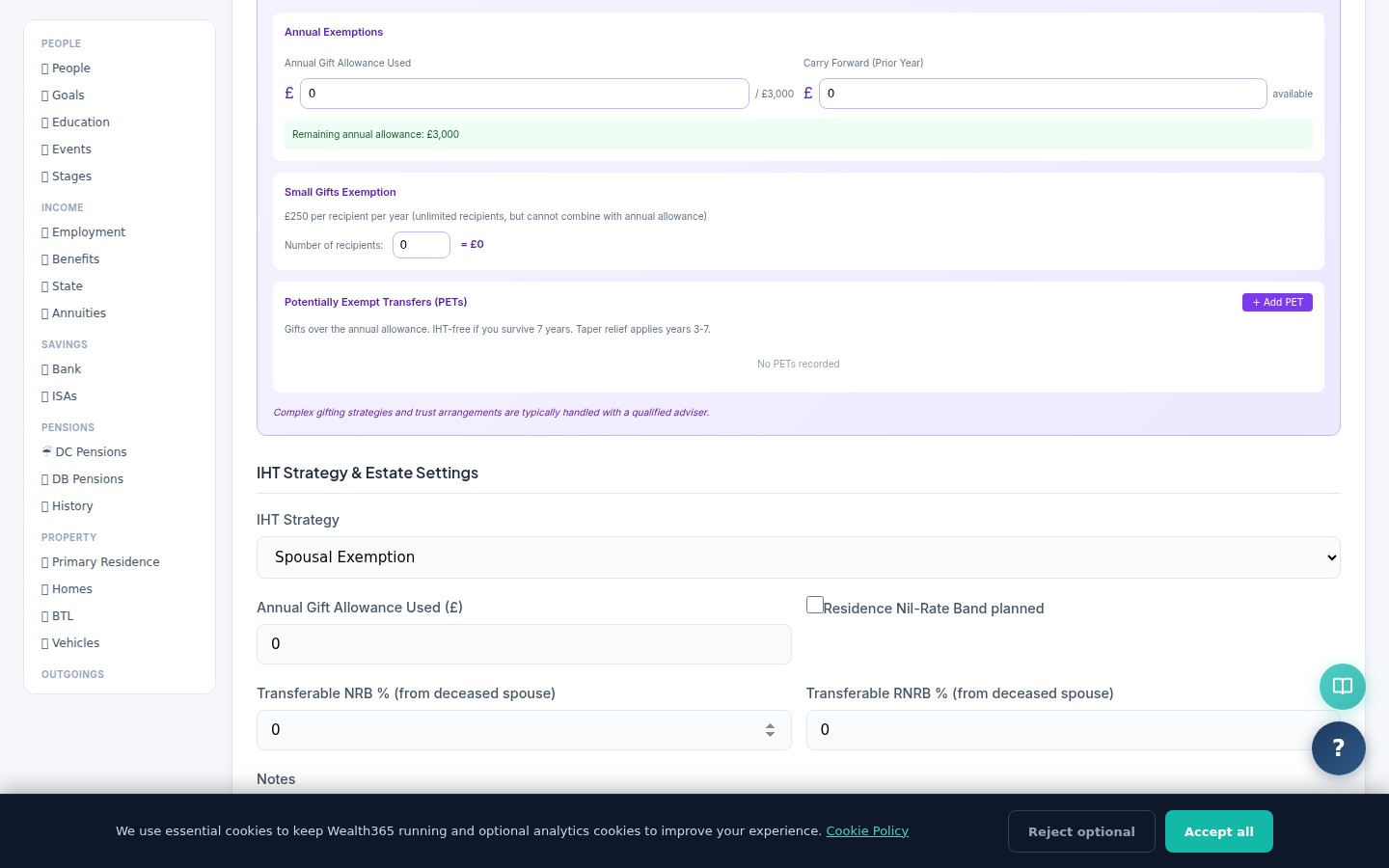 Legacy and Estate Handover page showing completeness tracker, nominees, document vault, dead man's switch, and survivor checklist