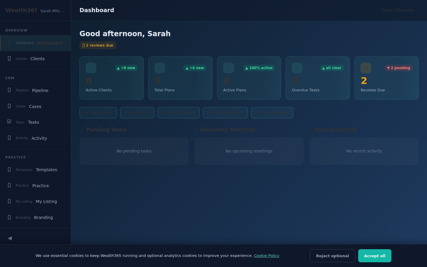 Modelled Wealth365 advisor dashboard — Sole-Trader IFA Practice Scenario