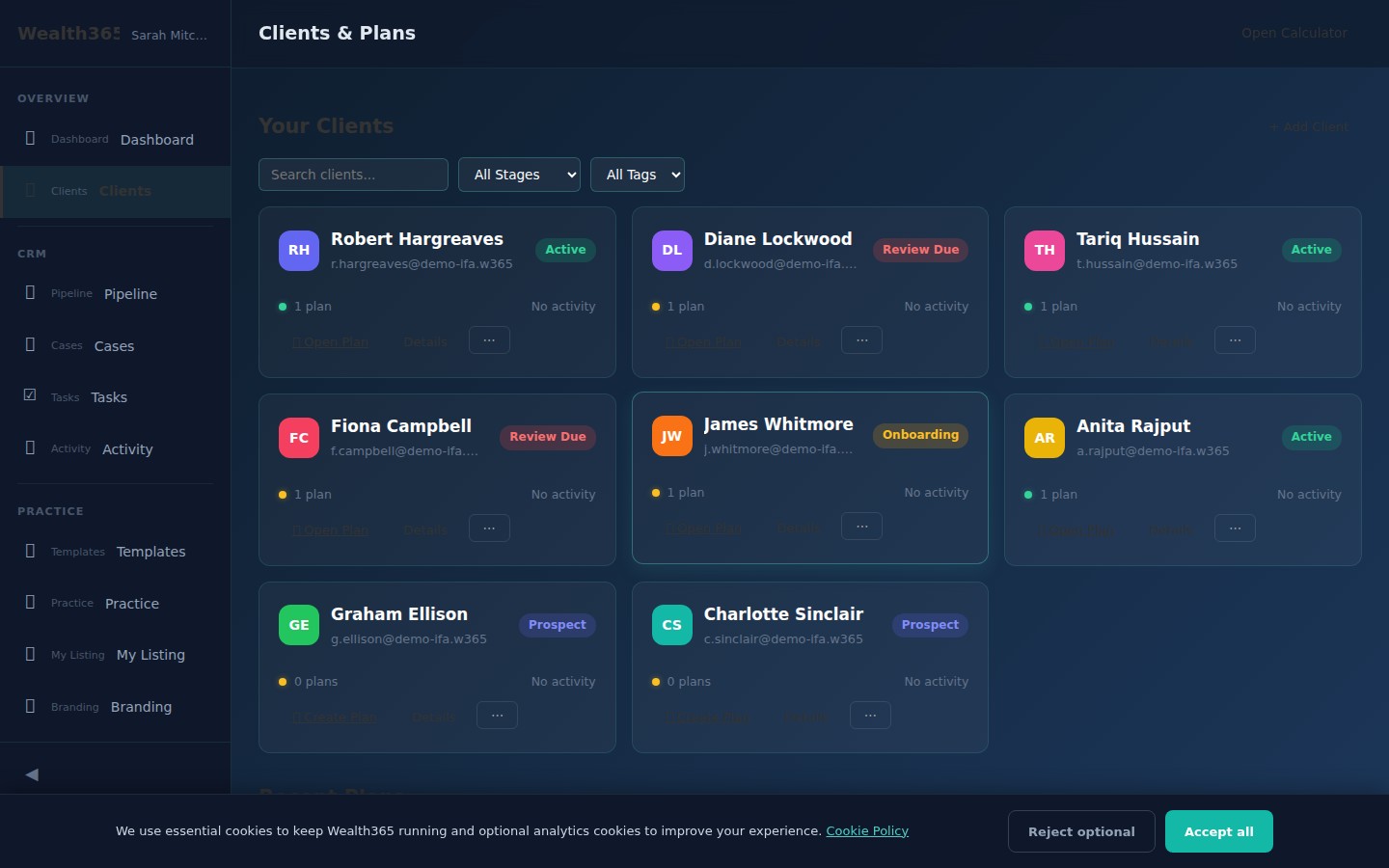 Steve's client pipeline board — Drag-and-drop stages from Prospect to Active to Review Due