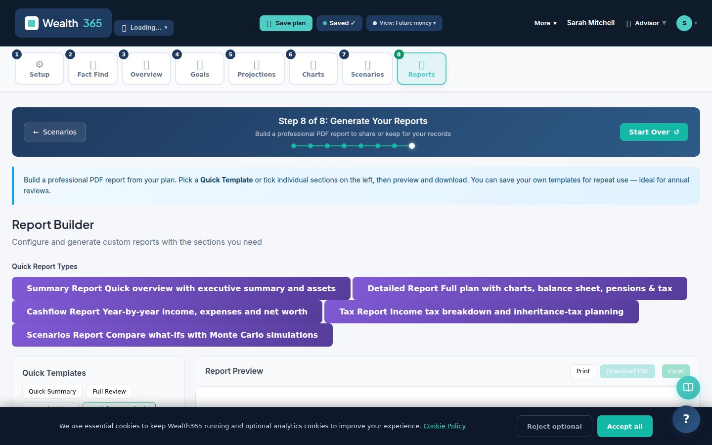 Steve's branded IFA report — Report Builder with configurable sections and PDF export